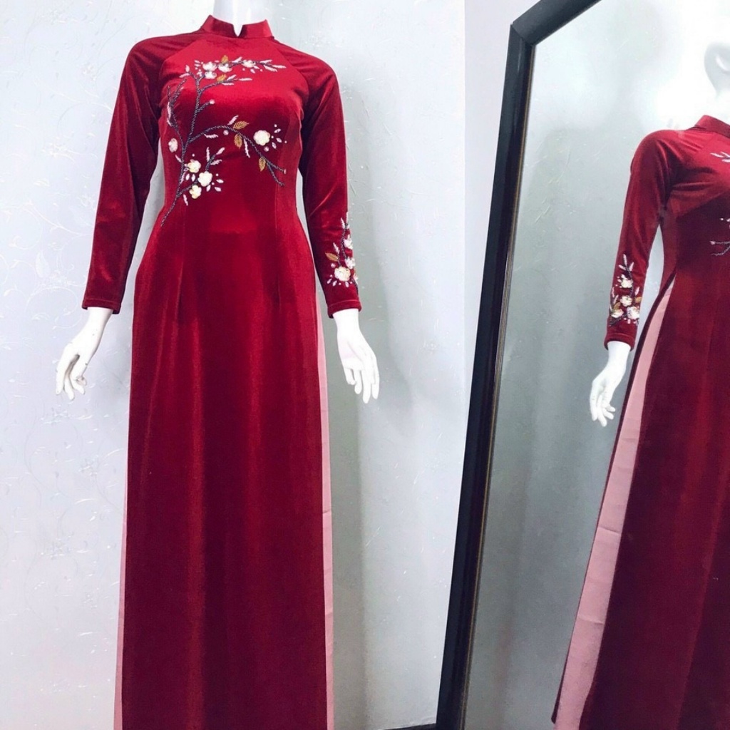 Áo Dài Nhung Đỏ Đô 2 Tà  , Áo Dài Mẹ Thiết kế