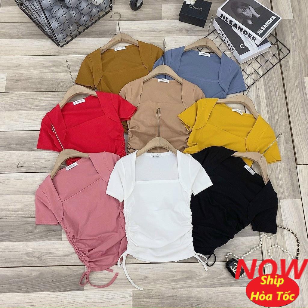 Áo croptop nữ kiểu rút dây eo tay ngắn chất vải gân len 4 chiều