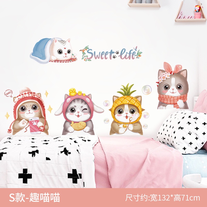 Decal dán tường Mèo cute đội mũ QR9446 trang trí phòng ngủ, phòng khách phòng học