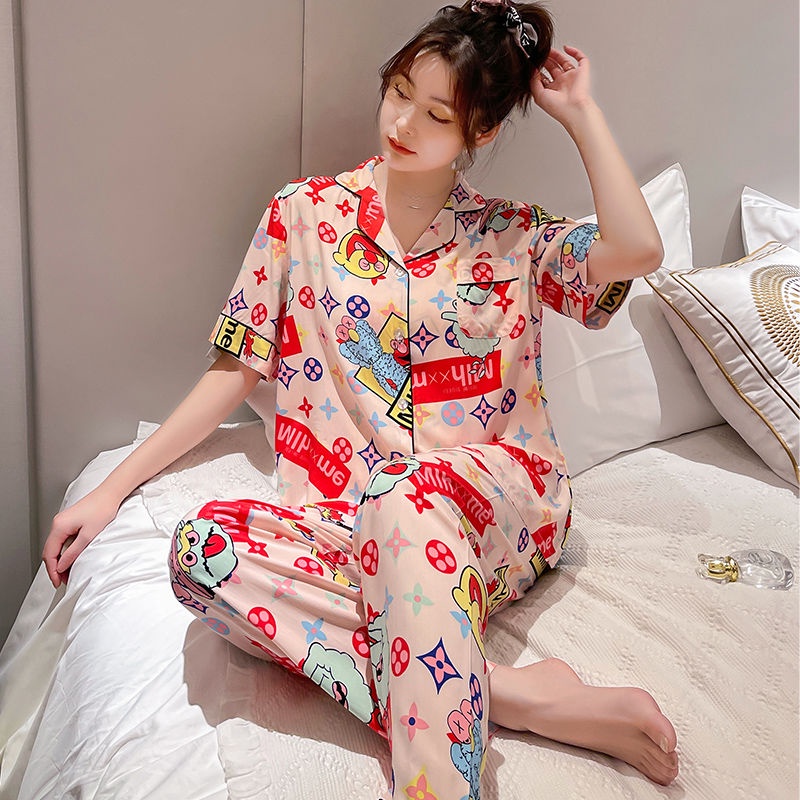 Bộ Đồ Ngủ Hai Mảnh Bằng Vải Lụa Cotton Tay Ngắn Dáng Rộng Phong Cách Hàn Quốc Thời Trang Mùa Hè Cho Nữ