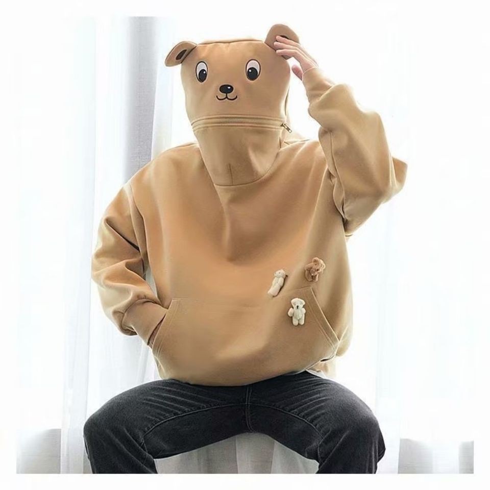 Áo hoodie hình gấu dễ thương-New trendy fashion bear and frog sweater loose autumn and winter couple clothes funny plus