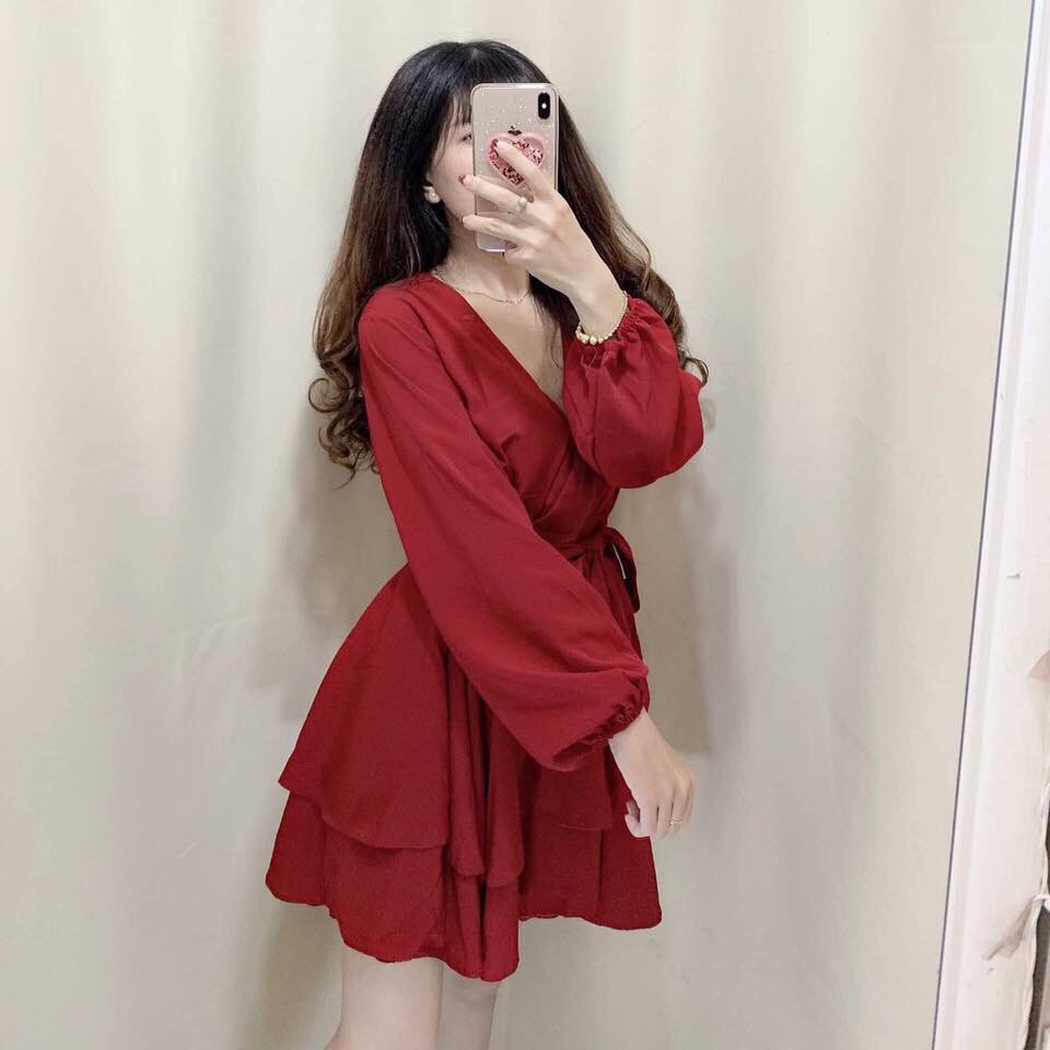 Đầm nữ cổ V thắt nơ nịnh eo 2 tầng vải dày dặn mềm mịn | BigBuy360 - bigbuy360.vn
