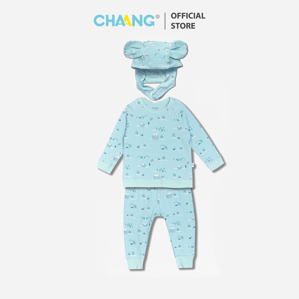 Set bộ dài tay raglan kèm mũ tai gấu cho bé Snow tăm xanh