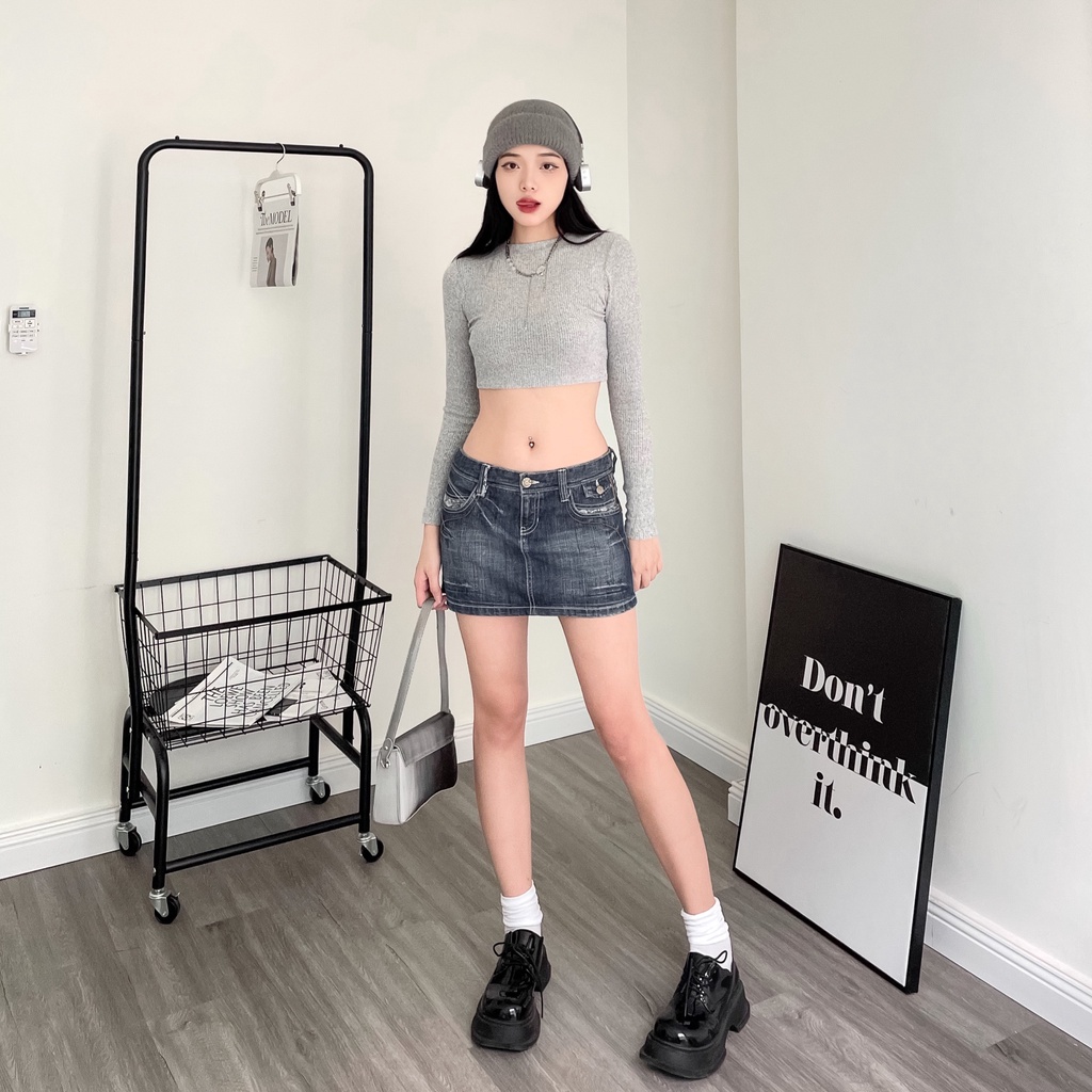 Áo croptop len mỏng dài tay thu đông, freesize màu xám tiêu SS0377