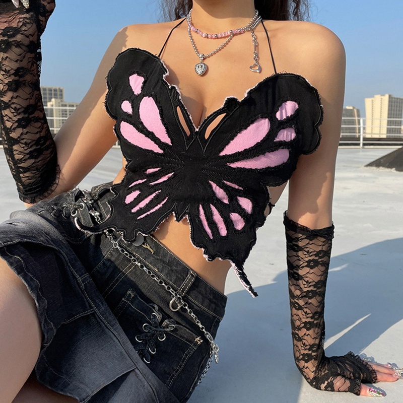 Áo Crop Top Hai Dây Cổ Chữ V Cột Dây Hở Lưng Họa Tiết Cánh Bướm Nhiều Màu Quyến Rũ Phong Cách Harajuku Cho Nữ