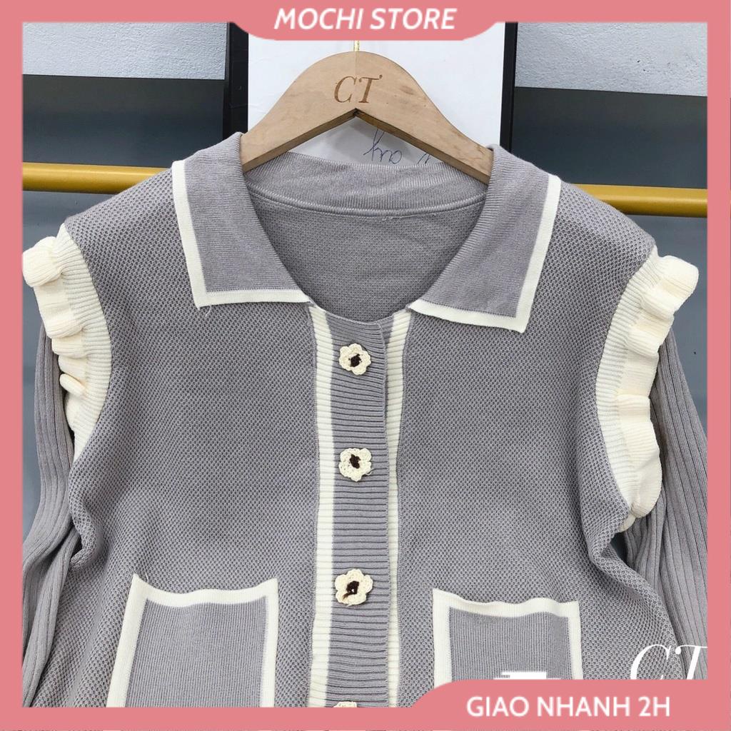 Áo Khoác Cardigan Cổ Bẻ, Áo Len Xám Ghi Bèo Vai Phối Túi Đính Nút Hoa Cúc Hàng Quảng Châu Cao Cấp Siêu Đẹp. | BigBuy360 - bigbuy360.vn