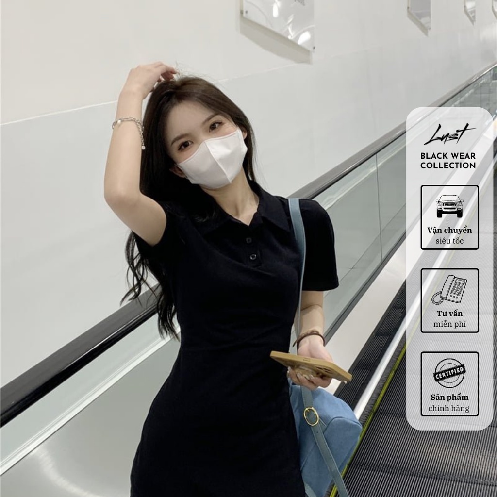 Váy polo nữ thời trang LUST màu đen có cổ thiết kế đẹp trơn cơ bản ôm body - M3