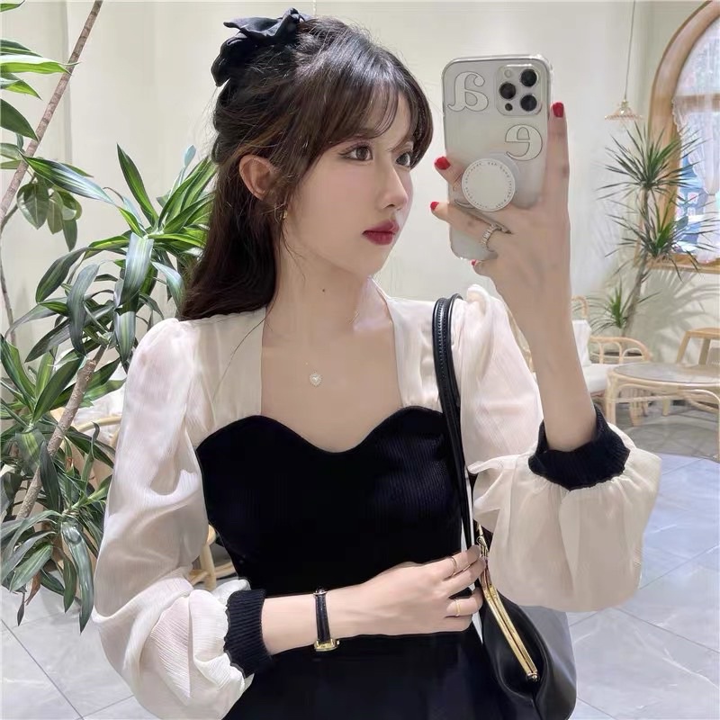 Áo Len Tăm Cổ Vuông Phối Tay Voan siêu Xinh, Áo Bánh Bèo,Áo Len Tăm