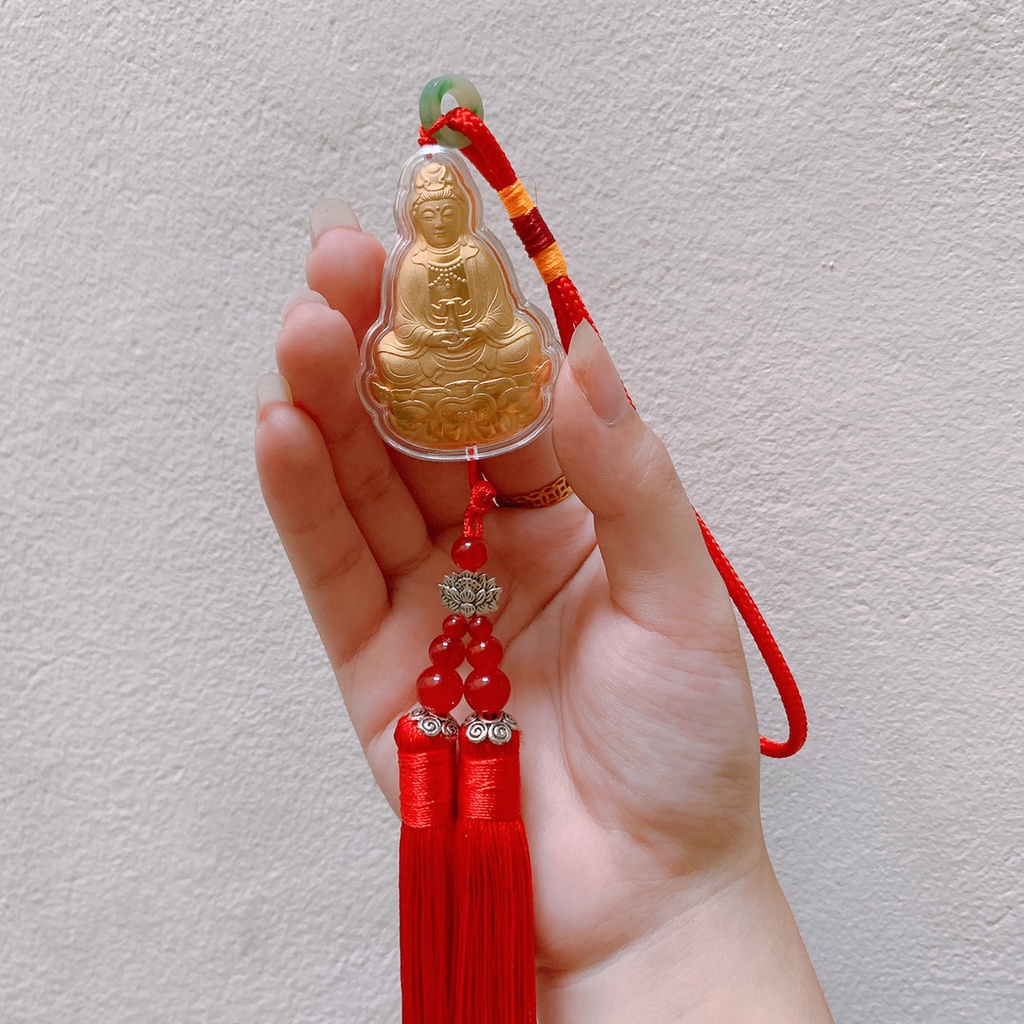 Dây Treo Hình Phật Bà Quan Âm 2 Mặt Tua Rua Đỏ May Mắn Bình An