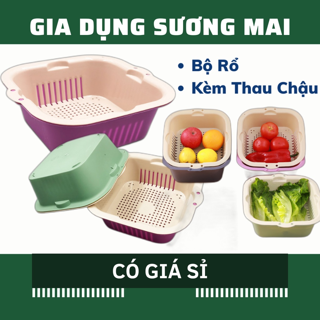 [Giá Sỉ] Bộ Rổ Kèm Thau Chậu Nhựa Vuông Tiện Lợi