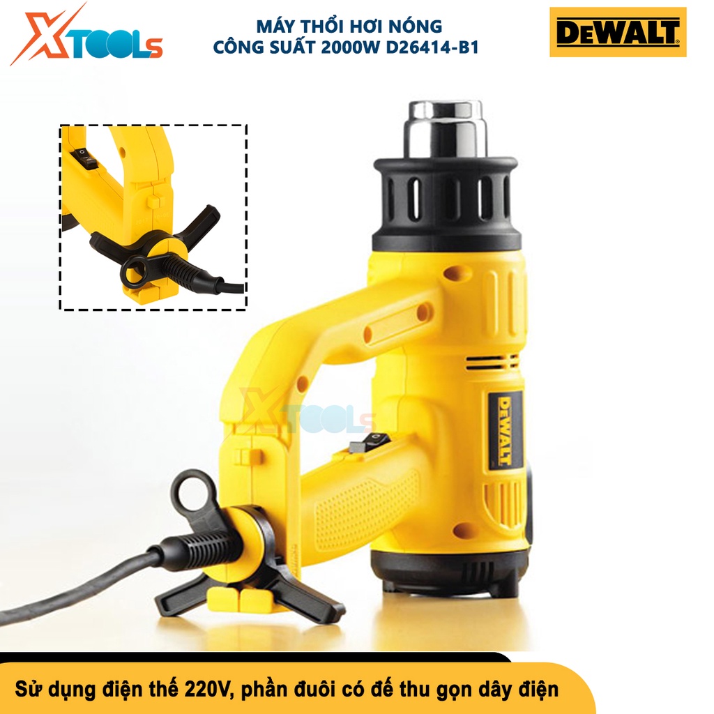 Máy khò màng co DEWALT D26414-B1 2000W, máy thổi hơi nóng màn hình LCD hiển thị nhiệt độ, nút điều chỉnh nhiệt 50-600°C