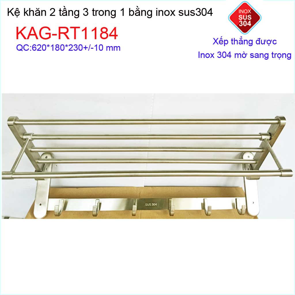 kệ máng khăn đa năng thẳng lật, kệ treo khăn inox SUS304 3in1 KAG-RT1184- treo khăn + phơi khăn + móc khăn