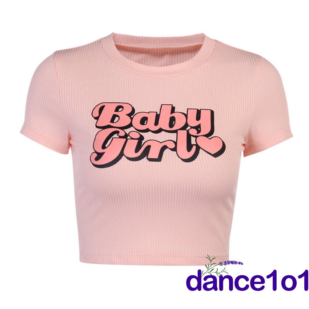 Áo croptop ngắn tay cổ tròn in chữ đáng yêu thời trang cho nữ