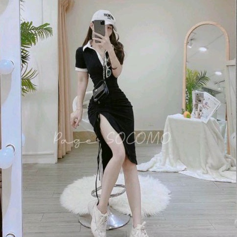 Đầm tay ngắn trơn & sọc xẻ đùi rút dây 1 bên