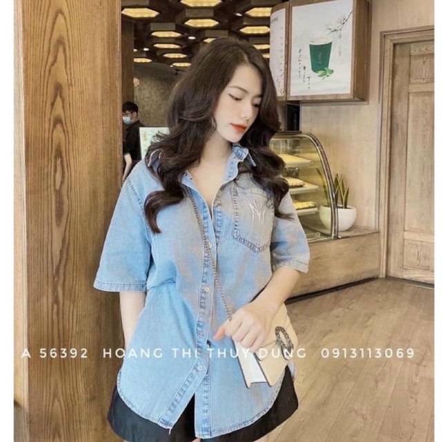 Áo sơ mi bò jean denim cộc hot hit thêu chữ N.y túi ngực siêu đẹp l1