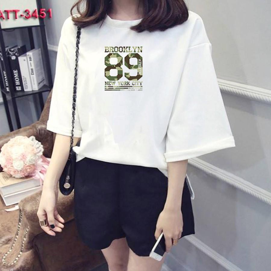Áo thun nữ tay lỡ Hàn Quốc form rộng in hình số 89 camo vài dày mịn TEEWOTL52