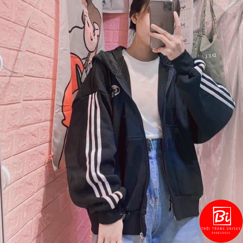 AK37_Áo Khoác Nỉ Nữ Unisex Phom Rộng Chạy Viền Tay 3 Sọc_Chất Nỉ Bông Ngoại Chất Lượng Dày Mịn Không Xù Lông