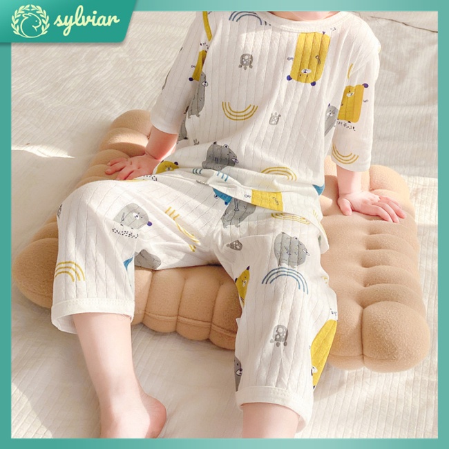 Bộ Đồ Ngủ 2 Món Tay 3/4 Vải Cotton Thoáng Khí In Họa Tiết Hoạt Hình Dễ Thương Cho Bé