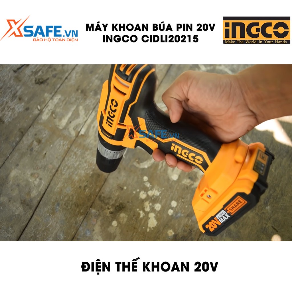 Máy khoan búa pin INGCO CIDLI200215 20V tốc độ búa 22500/ph, nhôm cơ khí 2 tốc độ, kèm 2 pin 2Ah, 1 sạc tiện lợi