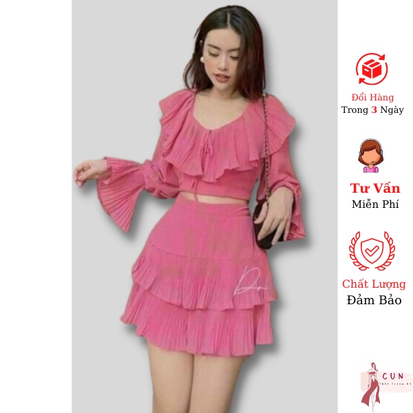Sét Áo Croptop dài tay Cổ V Phối Chân Váy Dập Ly Cho Nữ đi chơi đi tiệc siêu xinh-C090
