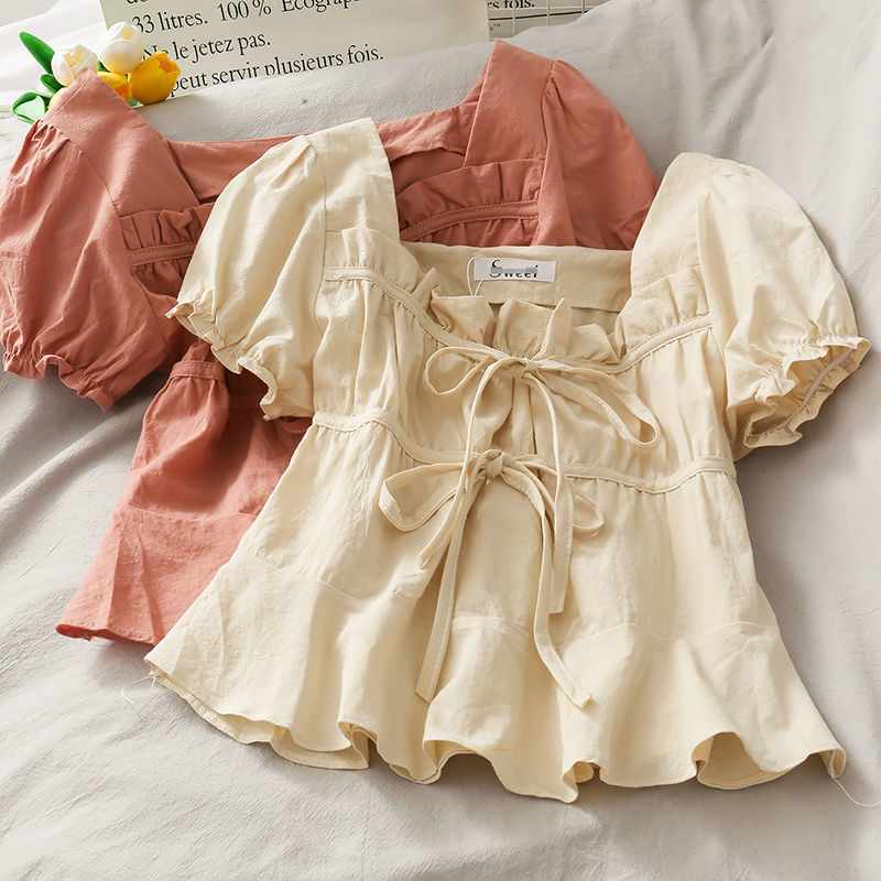 Áo Kiểu Cổ Vuông Thắt Dây Ruy Băng Tay Phồng Chất Liệu Cotton Phong Cách Hàn Quốc