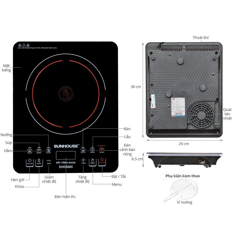 Bếp hồng ngoại Sunhouse SHD6005 5 chế độ nấu, nấu được tất cả các loại nồi (Hàng trưng bày)