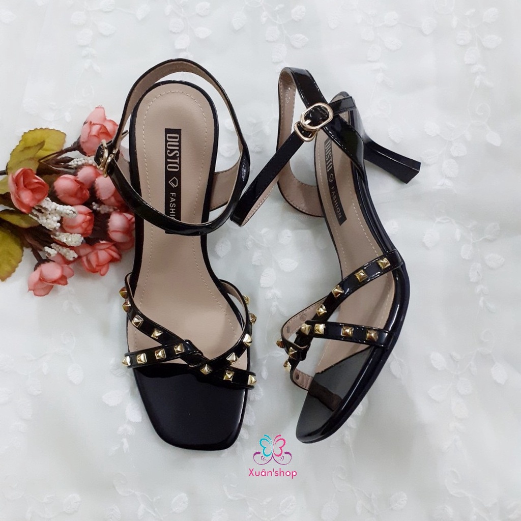 Giày sandal Dusto quai chéo, chất da bóng, gót 7cm (có sẵn)