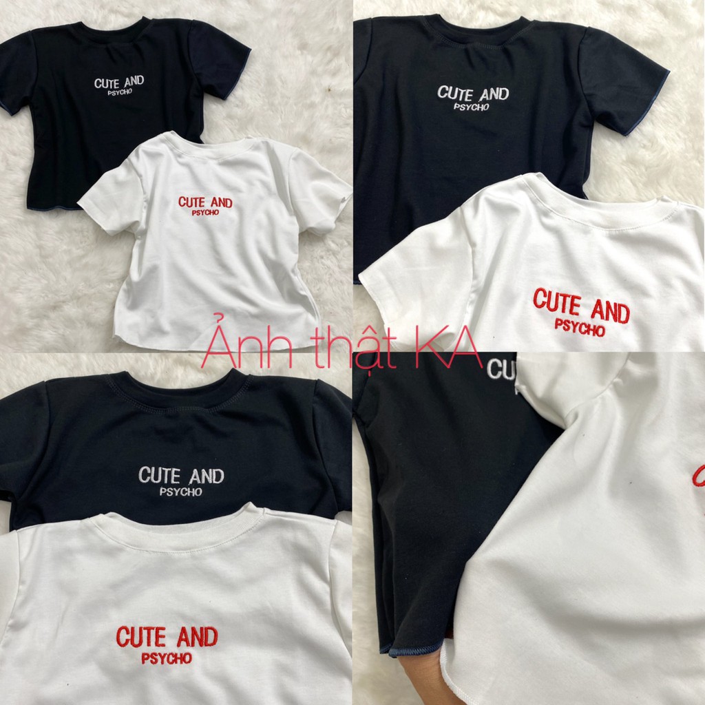 Áo croptop cute KA Closet chất zip cotton co dãn ko xù hàng đẹp, chữ thêu, 2 màu Đen Trắng siêu hot | BigBuy360 - bigbuy360.vn