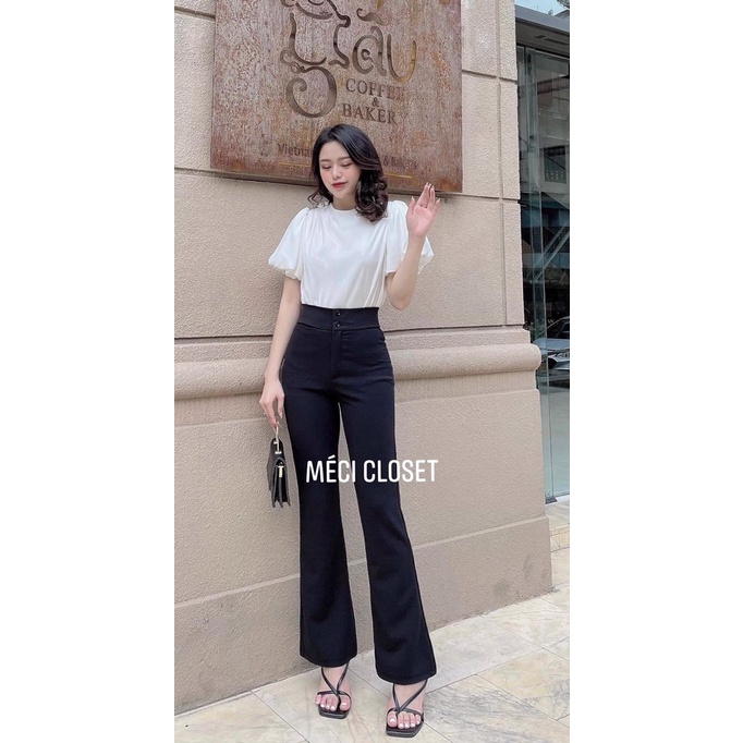 Quần tây ống loe cạp lưng cao 2 khuy tôn dáng dài 95cm.