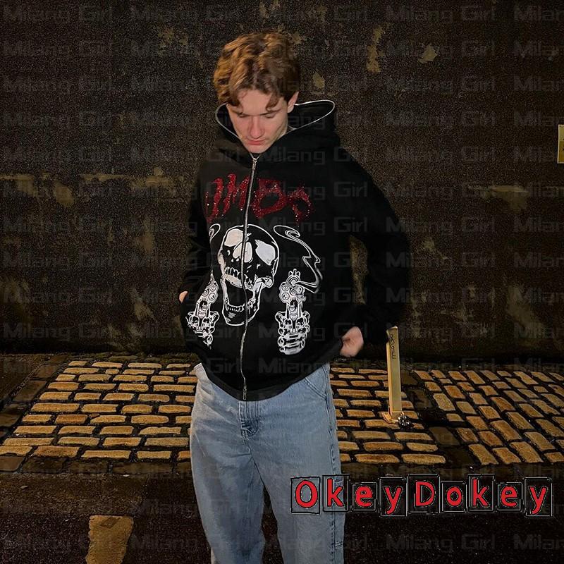 Áo Khoác Hoodie Có Khóa Kéo In Hình Đầu Lâu Đính Đá Y2k Phong Cách Đường Phố Cho Nữ