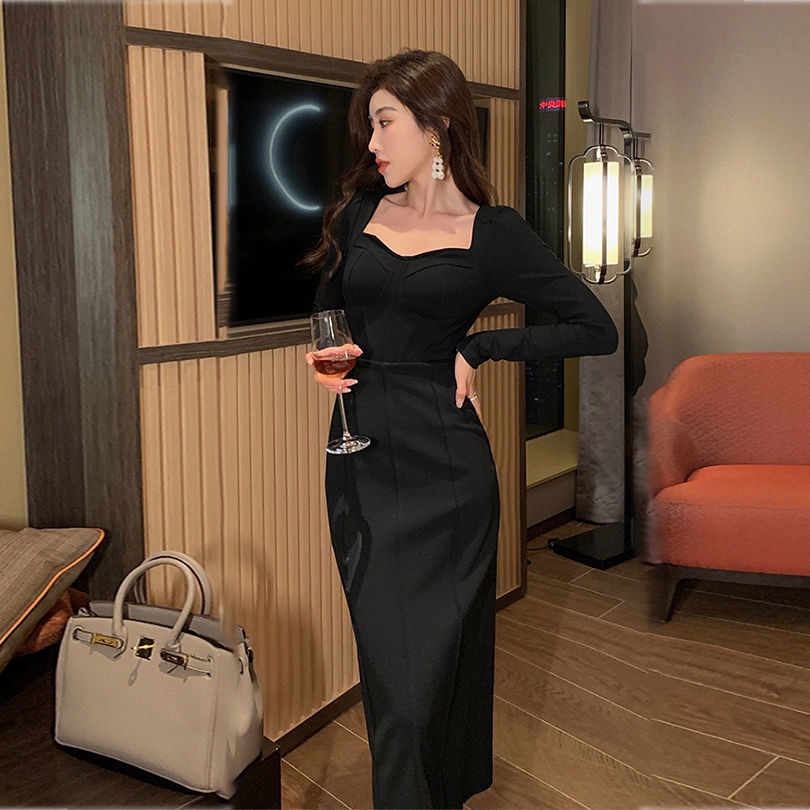 Đầm Tay Dài Cổ Vuông Dáng Ôm Màu Xanh Dương Thời Trang Sang Trọng Cho Nữ