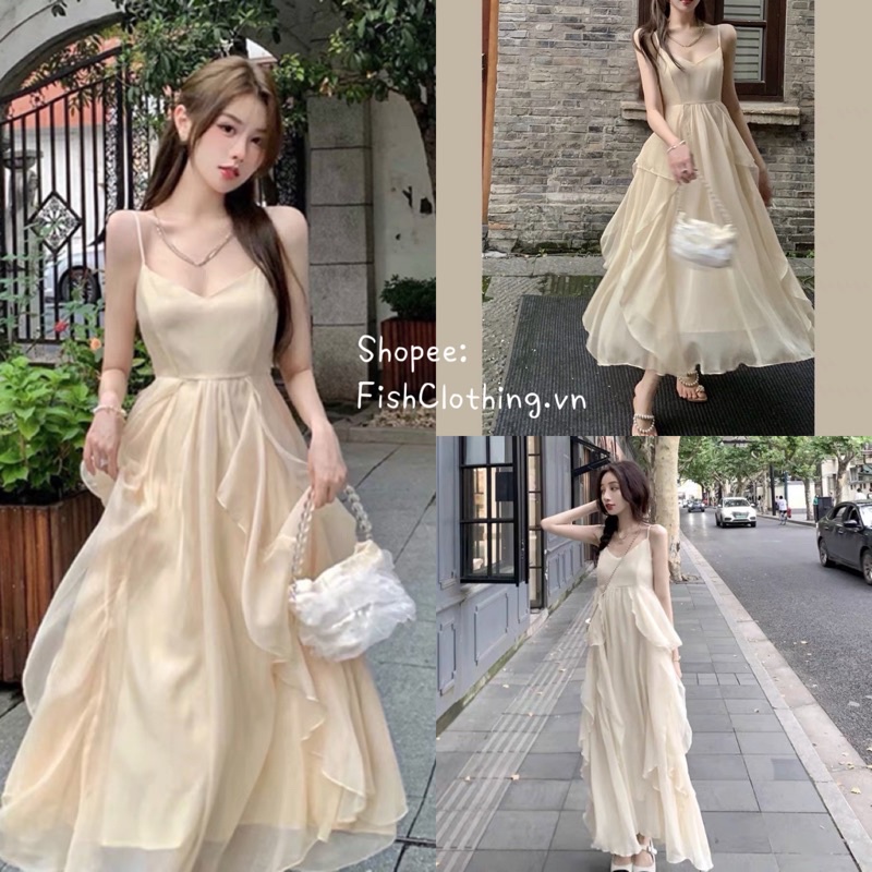 CÓ SẴN🎀Đầm maxi voan tơ 2dây+áo khoác dáng xoè tầng đi biển du lịch/Váy công chúa ulzzang cổ tích tiểu thư bồng bềnh