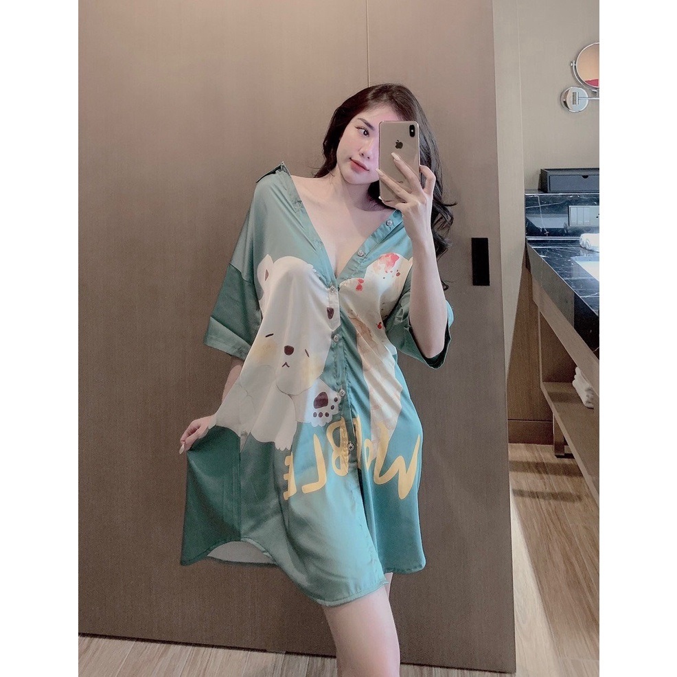 V030 Váy ngủ sơ mi lụa satin form rộng nữ sang chảnh mặc nhà pijama họa tiết Đầm bầu pizama tay ngắn cổ bẻ cài cúc