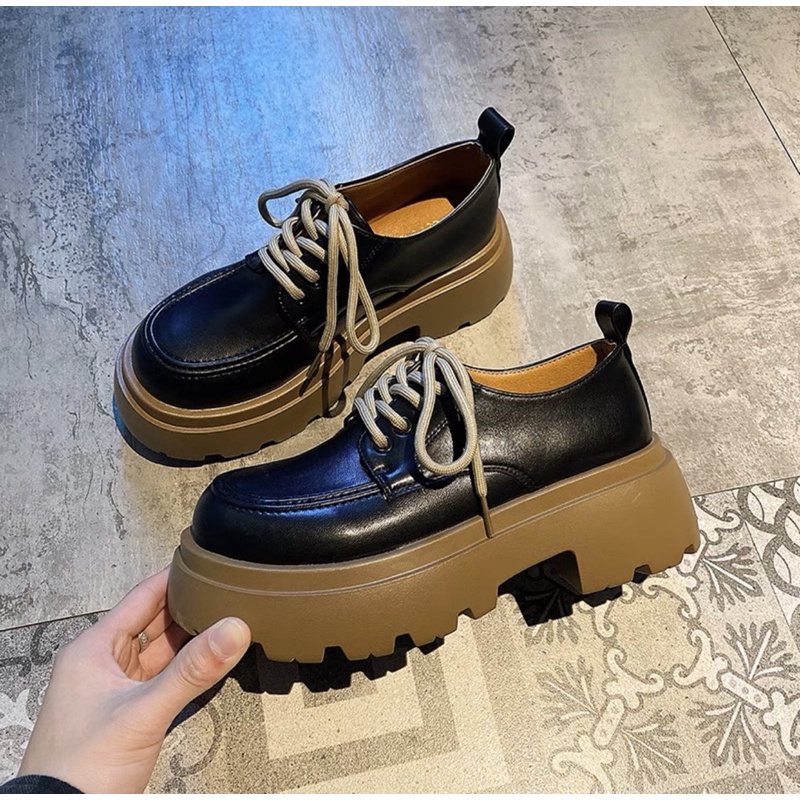 N24SẴN Giày búp bê Oxford lolita ulzzang độn đế bánh mì mũi tròn da trơn bóg nhẹ dây da PU siu xinh