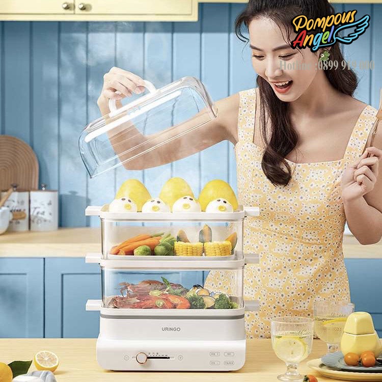 Nồi hấp thực phẩm 3 tầng URINGO 18L màu trắng, hơi nước nhiều ,chín nhanh, bảo hành 12 tháng