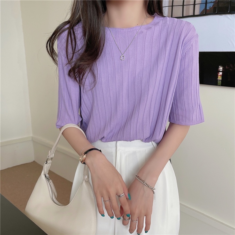 Áo Dệt Kim Tay Ngắn Cổ Tròn Form Rộng Thời Trang Cho Nữ