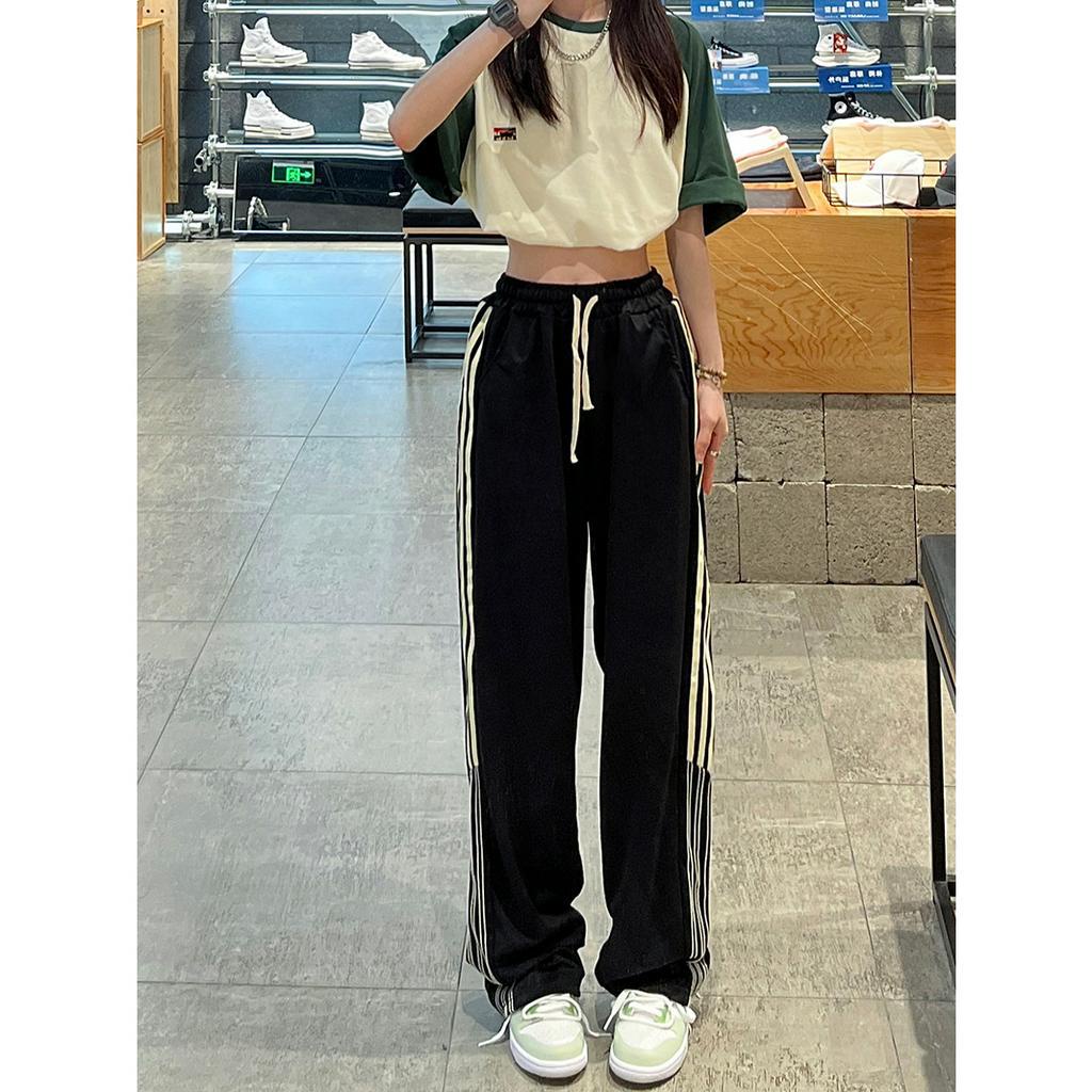 Ethelgirl Quần Thể Thao Ống Rộng Họa Tiết Kẻ Sọc Thời Trang Vintage Cho Nữ