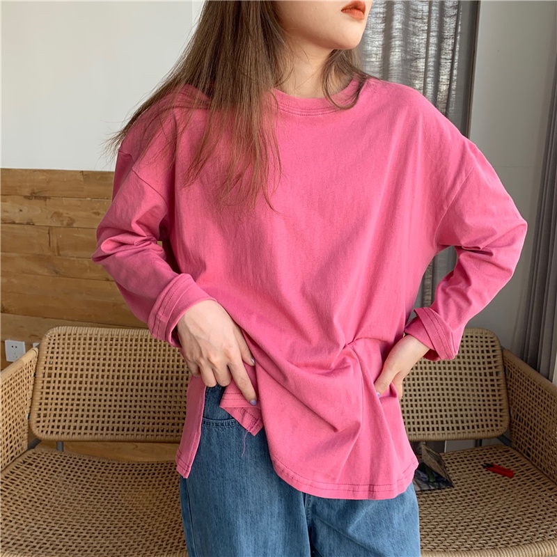 Áo thun tay dài cổ tròn màu trơn thiết kế xẻ tà đơn giản thời trang