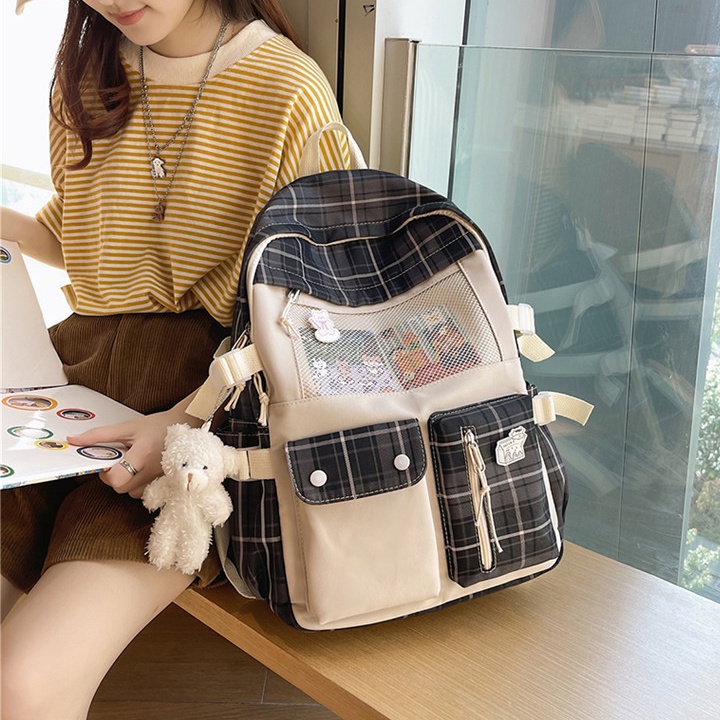 Balo học sinh nữ vải mềm chống thấm nươc size 41cm tặng kèm gim cài và gấu bông BALO-542