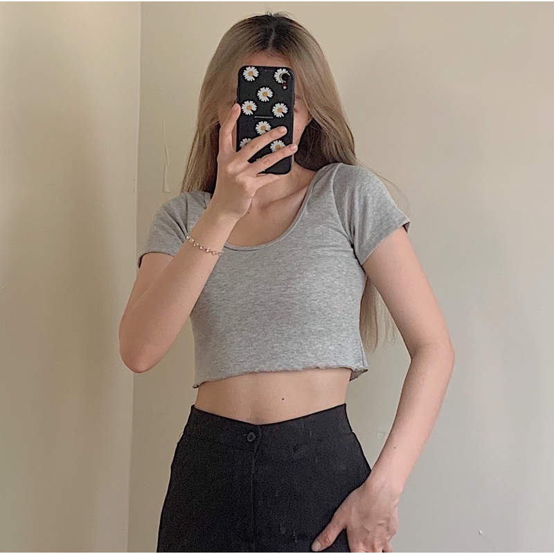 Áo croptop cổ rộng thun gân mịn mát