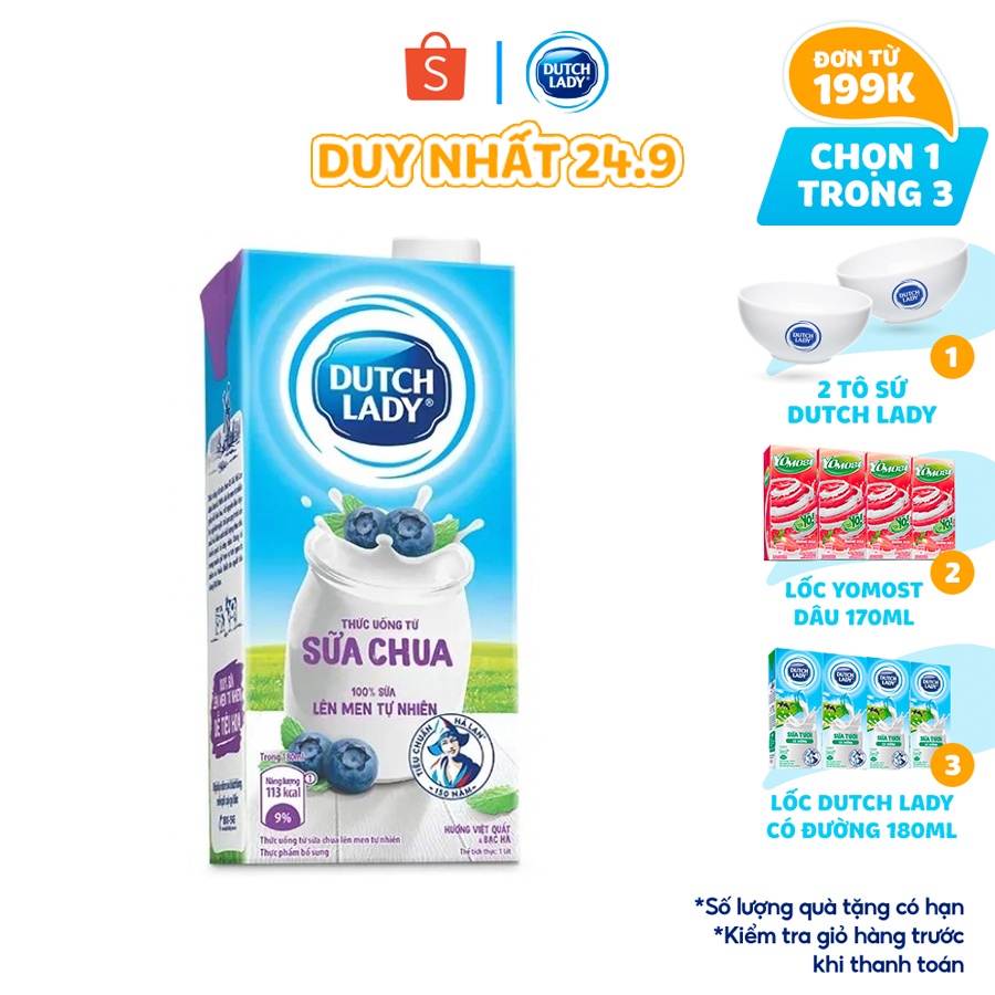 Hộp Sữa Chua Uống Lên Men Tự Nhiên Dutch Lady Hương Việt Quất Và Bạc Hà 1L