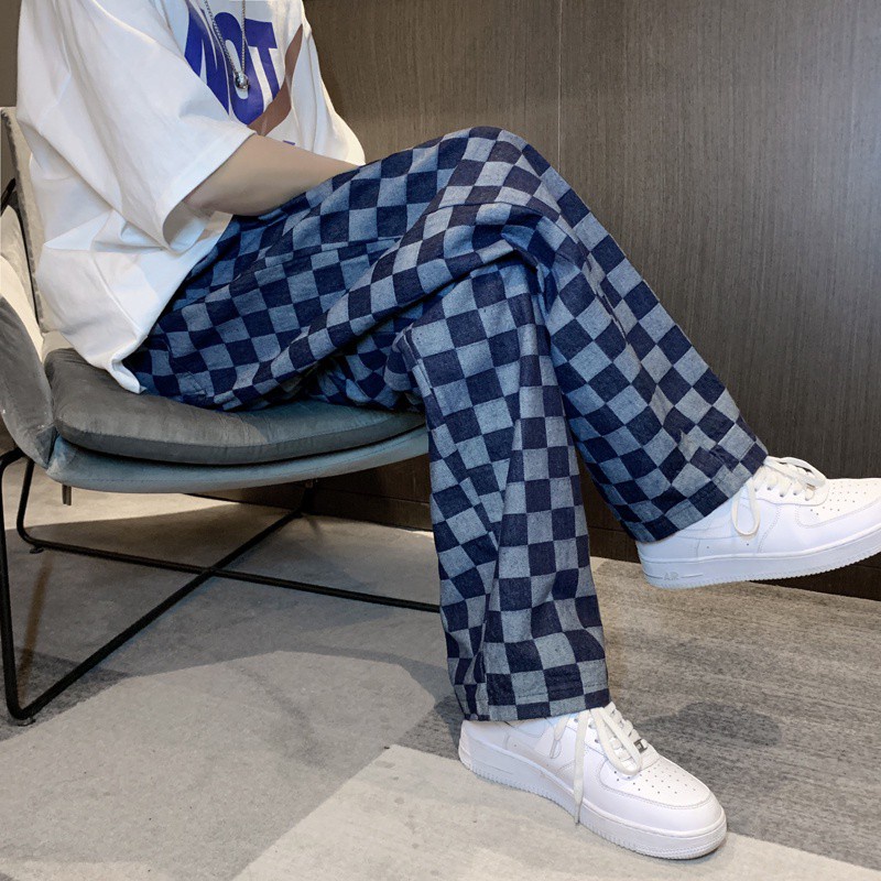 Quần dài ống suông rộng họa tiết kẻ sọc ca rô phong cách hip hop đường phố thời trang cho nam