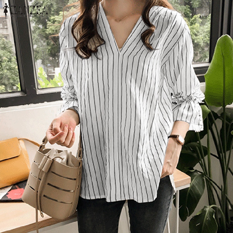 Áo kiểu ZANZEA cổ V tay áo 3/4 in sọc phong cách hè sành điệu cho nữ