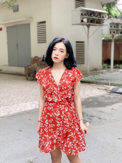 Đầm Đỏ Orla Dress chất voan hàng nhập quảng châu váy thiết kế hoạ tiết hoa vạt chéo cột ngay eo from chuẩn basic | BigBuy360 - bigbuy360.vn