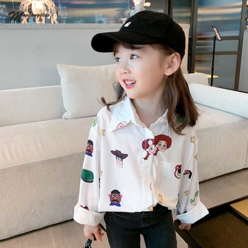 Áo sơ mi trắng dài tay in họa tiết dễ thương cho bé gái cao 90-150cm, nặng 10-35kg