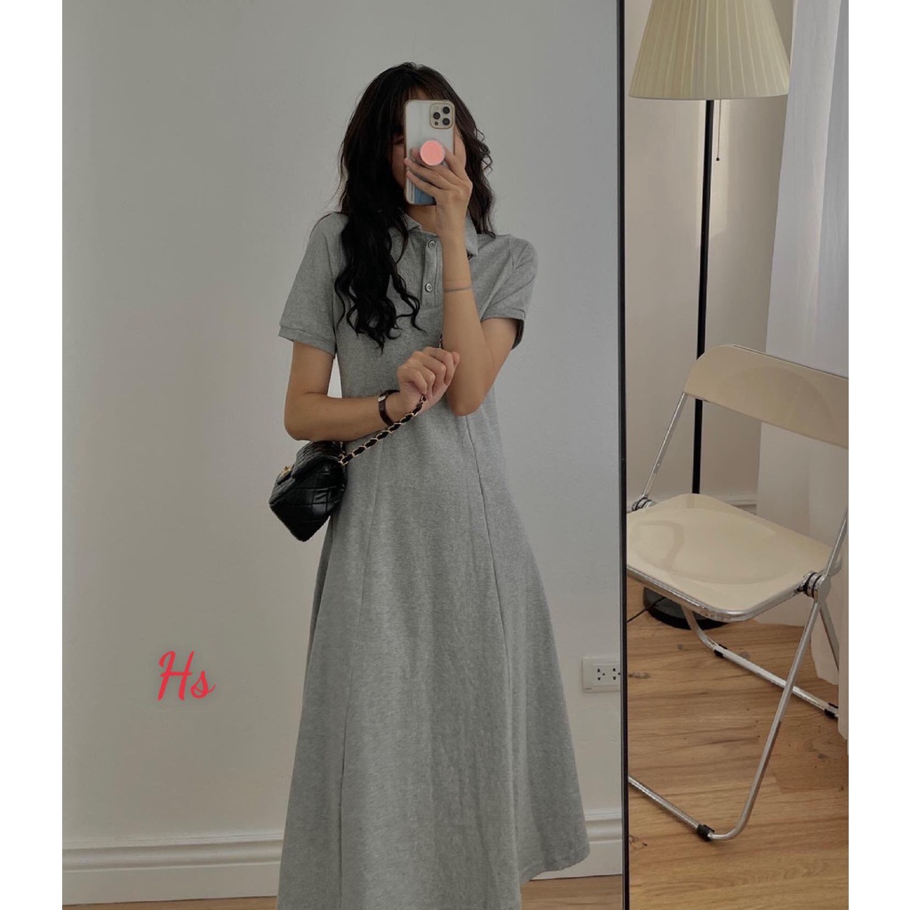 Đầm Polo Nữ Dáng Dài Cổ Bẻ Cúc Cài Váy Cộc Tay Nữ Trơn 2 Màu