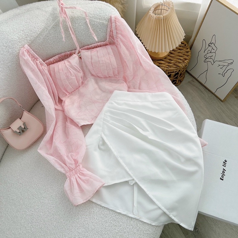 SET Áo trễ vai hoa xanh tay loe phồng kèm Chân Váy trắng tà đắp chéo NÀNG CLOSET