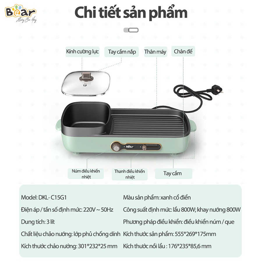 Bếp Lẩu Nướng Đa Năng Công suất 1600W Bear DKL-C15G1 Chính Hãng Bảo Hành 18 Tháng