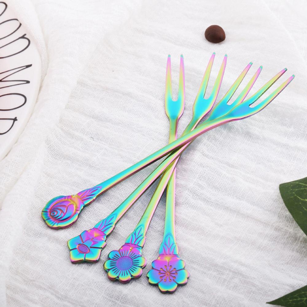 Nĩa Ăn Trái Cây/ Món Tráng Miệng Mini Bằng Thép Không Gỉ Với Tay Cầm Hình Bông Hoa Độc Đáo Tiện Dụng