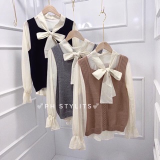 Set áo gile len sơ mi cổ nơ